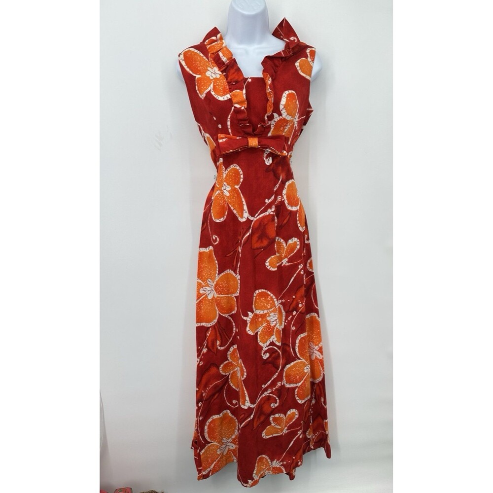 Mildreds of Hawaii 12 Hawaiian Dress redFloral 70s 100% cotton Vintage long V ne